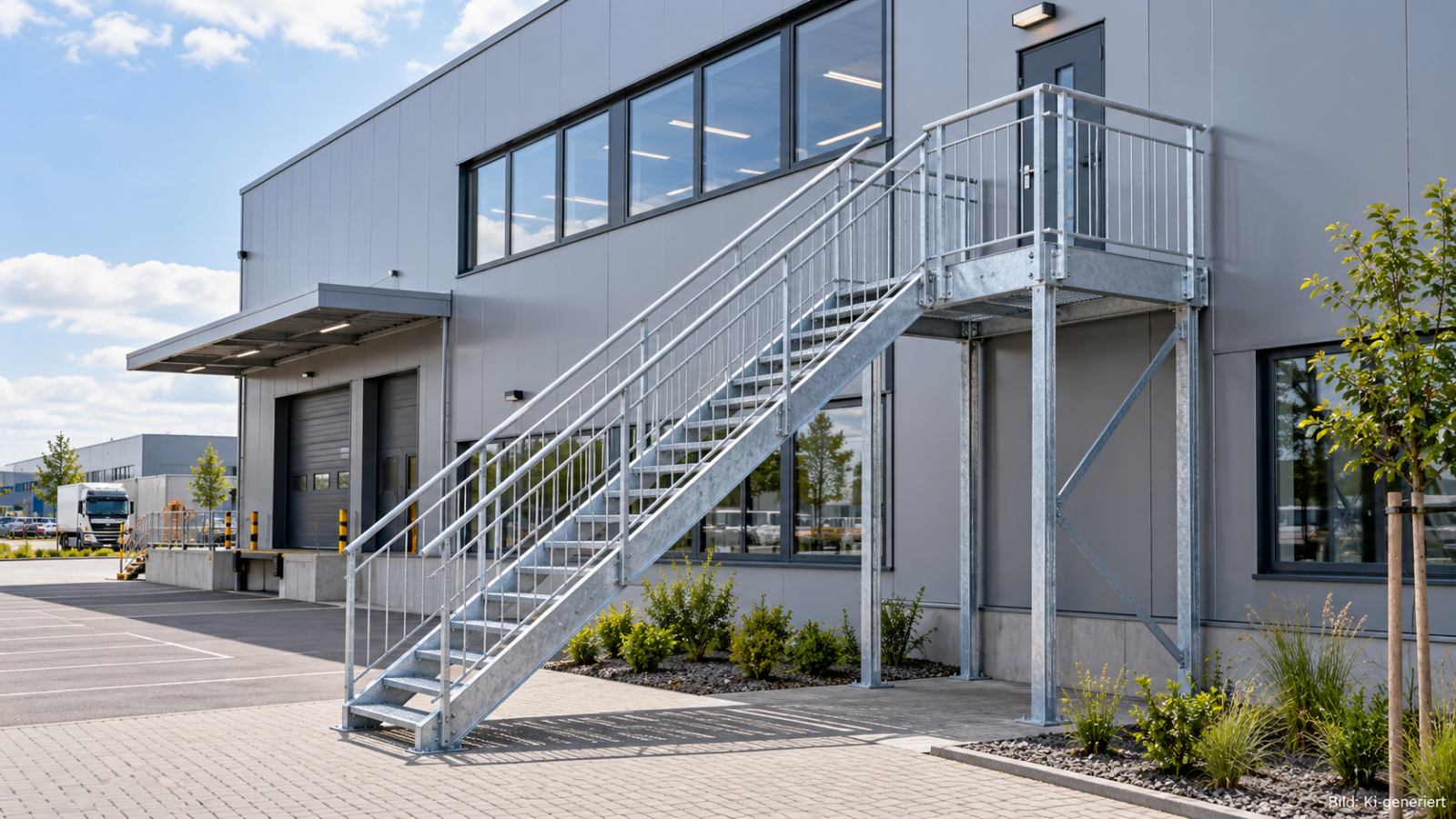 Moderne Außentreppe mit Gitterroststufen und Metallgeländer